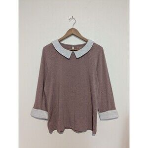 Garnet Hill Medium Blouse Top Mauve Pink Sweater Knit Blouse Collar M Keyhole